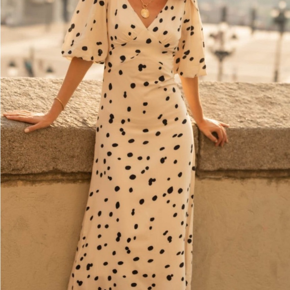 NWT Böhme black & cream polka dot midi dress with puff sleeves